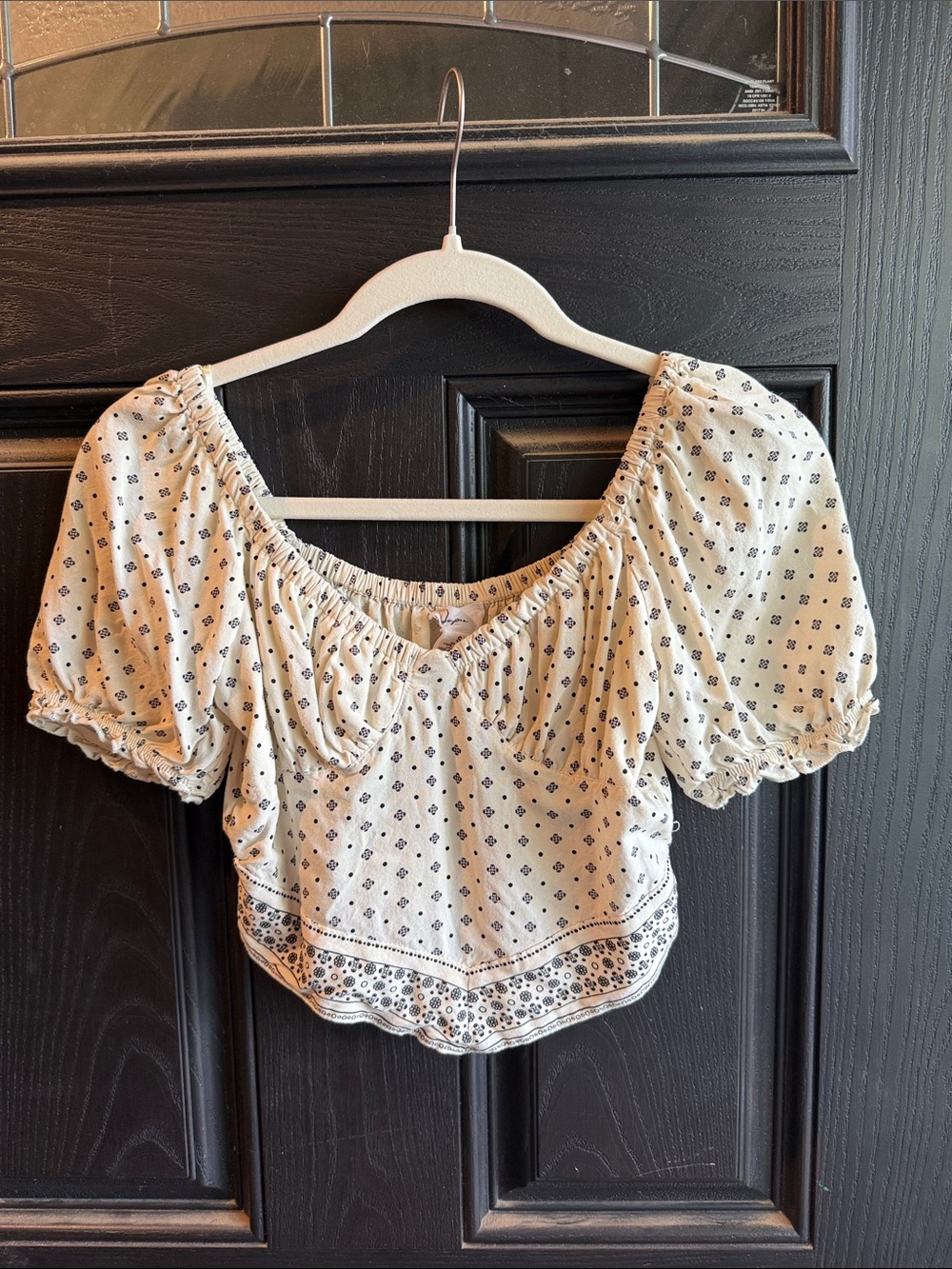 Cream Printed Peasant Crop Top - Women's